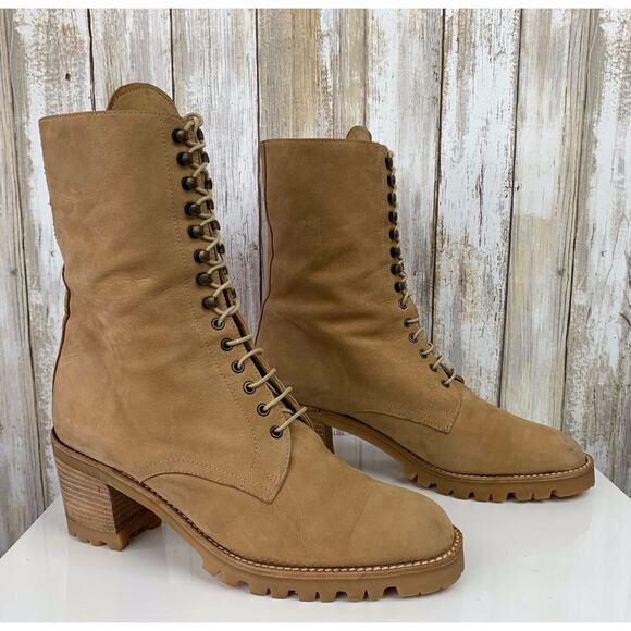 David Aaron Mid Calf Tan Nubuck Leather Lace Up Eyelet Heeled Boots 7 M Spain - Picture 3 of 11